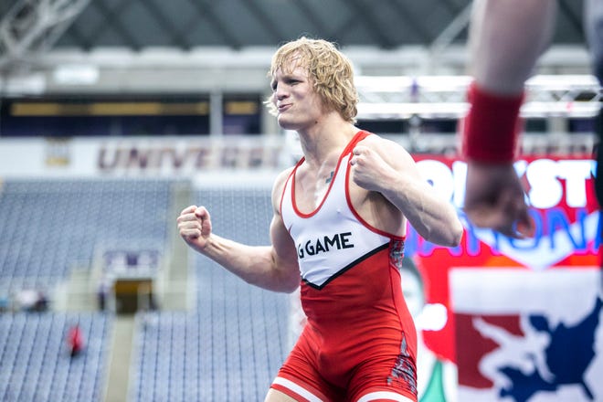 Tate Naaktgeboren reacts after scoring a decision at 182 pounds in the finals during the USA Wrestling High School National Recruiting Showcase, Saturday, April 2, 2022, at the UNI-Dome in Cedar Falls, Iowa.