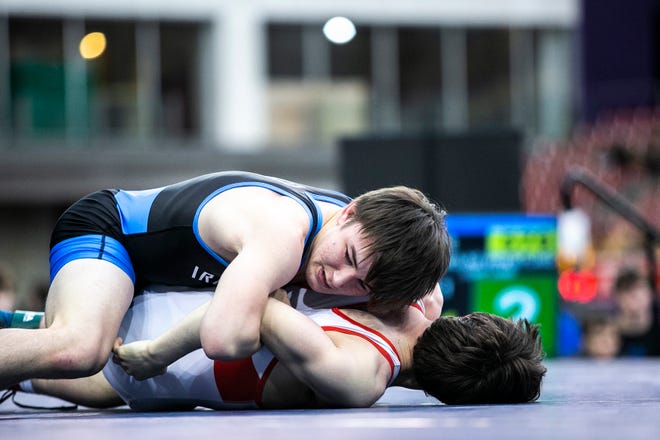 Cory Land, top, wrestles Owen Hansen at 126 pounds in the finals during the USA Wrestling High School National Recruiting Showcase, Saturday, April 2, 2022, at the UNI-Dome in Cedar Falls, Iowa.