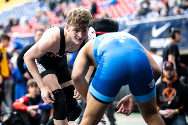 Kane Naaktgeboren, left, wrestles Joseph Toscano at 138 pounds in the 16U finals during the USA Wrestling High School National Recruiting Showcase, Saturday, April 2, 2022, at the UNI-Dome in Cedar Falls, Iowa.