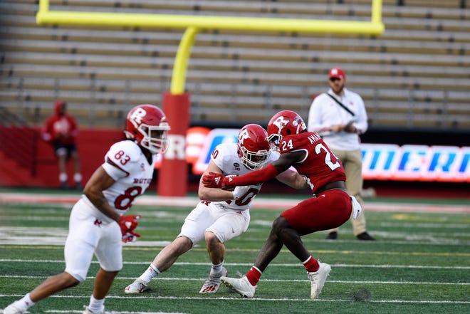 Rutgers football Scarlet-White Game at SHI Stadium on Friday, April 22, 2022. W #40 Connor Hebbeler and S #24 Thomas Amankwaa.