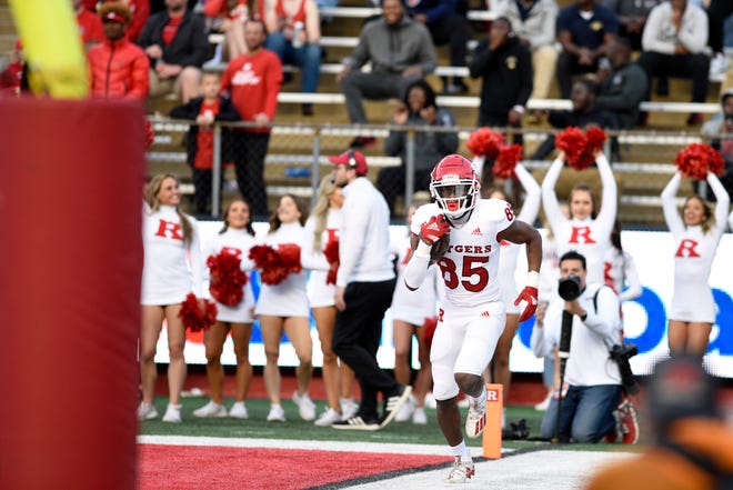 Rutgers football Scarlet-White Game at SHI Stadium on Friday, April 22, 2022. W #85 Taj Harris after scoring a touchdown in the first quarter.