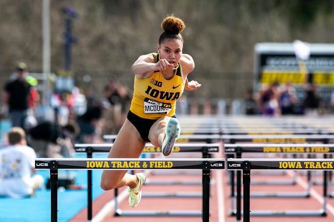 Iowa's Jade McDonald competes in the 100 meter hurdles during the Musco Twilight NCAA outdoor track and field meet, Saturday, April 23, 2022, at Francis X. Cretzmeyer Track in Iowa City, Iowa.