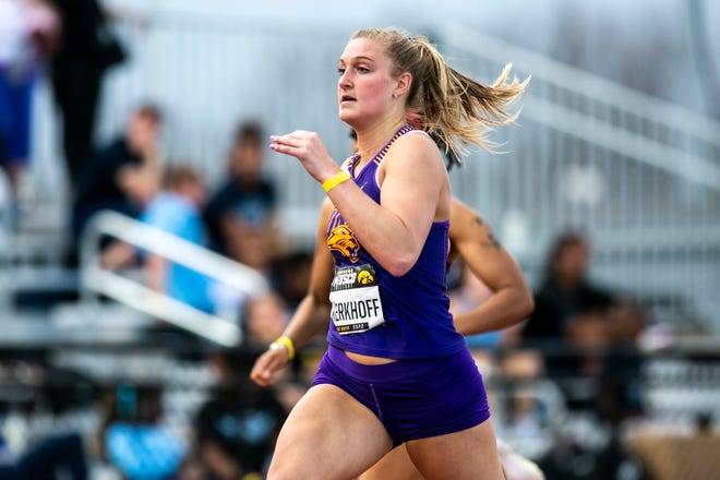 Northern Iowa's Erin Kerkhoff competes during the Musco Twilight NCAA outdoor track and field meet, Saturday, April 23, 2022, at Francis X. Cretzmeyer Track in Iowa City, Iowa.