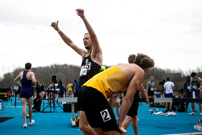 Erik Sowinski reacts after winning the 800 meter run during the Musco Twilight NCAA outdoor track and field meet, Saturday, April 23, 2022, at Francis X. Cretzmeyer Track in Iowa City, Iowa.