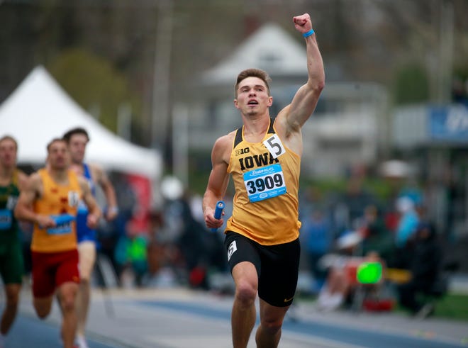 Iowa's Alec Still anchors his Hawkeyes sprint medley team to a win during the Drake Relays on Saturday, April 30, 2022, in Des Moines.