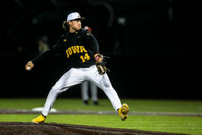 Iowa's Brody Brecht (14) delivers a pitch during a NCAA baseball game against Illinois State, Tuesday, May 3, 2022, at Duane Banks Field in Iowa City, Iowa.