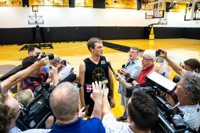Iowa guard Payton Sandfort talks with reporters before a NCAA men's basketball summer practice, Wednesday, June 15, 2022, at Carver-Hawkeye Arena in Iowa City, Iowa.