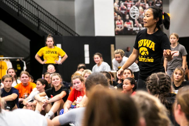 Iowa women's wrestling head coach Clarissa Chun speaks during a girls wrestling technique camp, Wednesday, July 6, 2022, at the GreenState Family Fieldhouse in Coralville, Iowa.