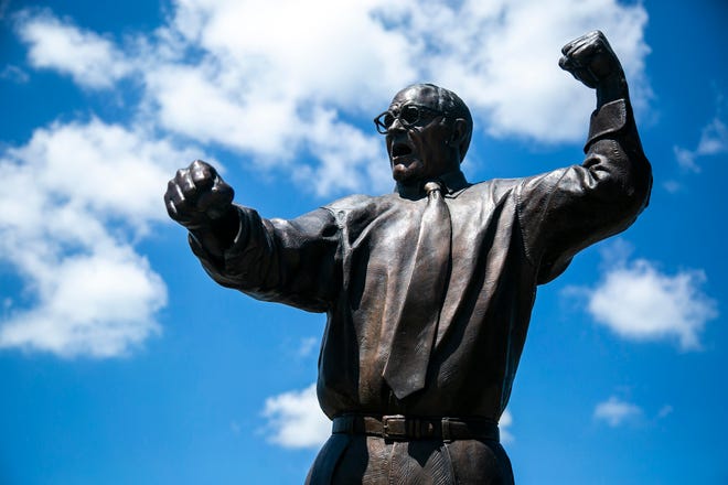 A statue of former Iowa wrestling coach Dan Gable is seen, Monday, July 18, 2022, at Carver-Hawkeye Arena in Iowa City, Iowa.