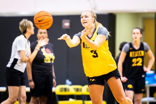 Iowa guard Sydney Affolter passes the ball during a summer NCAA women's basketball practice, Friday, July 29, 2022, at Carver-Hawkeye Arena in Iowa City, Iowa.