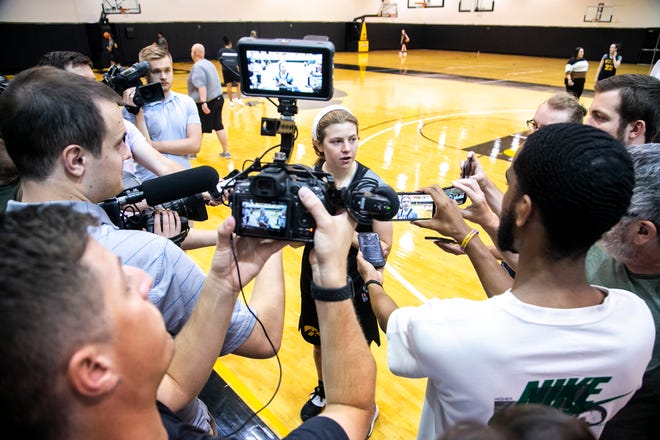 Iowa guard Molly Davis speaks with reporters after a summer NCAA women's basketball practice, Friday, July 29, 2022, at Carver-Hawkeye Arena in Iowa City, Iowa.