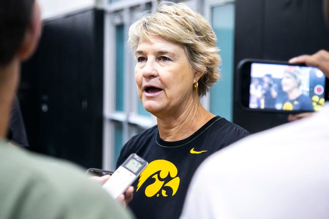 Iowa head coach Lisa Bluder speaks to reporters after a summer NCAA women's basketball practice, Friday, July 29, 2022, at Carver-Hawkeye Arena in Iowa City, Iowa.