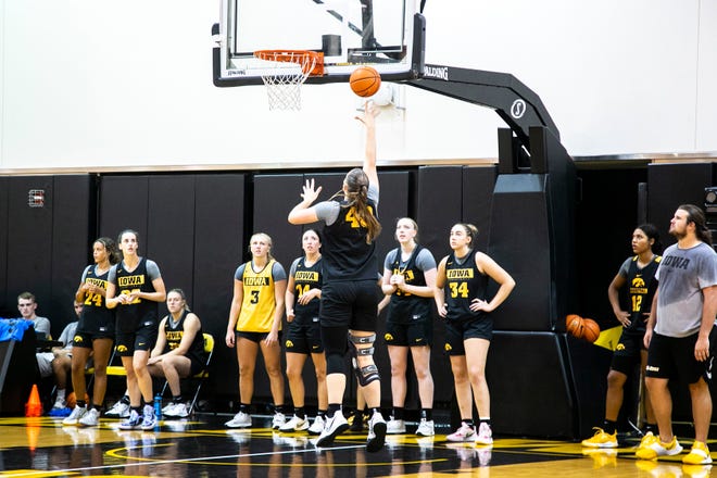 Iowa center Sharon Goodman makes a basket during a summer NCAA women's basketball practice, Friday, July 29, 2022, at Carver-Hawkeye Arena in Iowa City, Iowa.