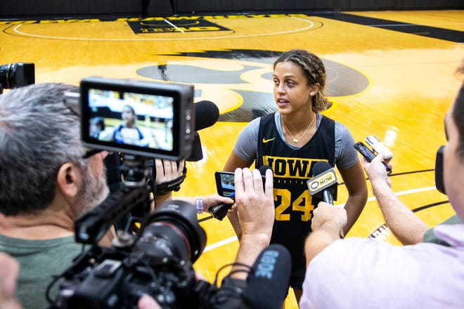 Iowa guard Gabbie Marshall speaks to reporters after a summer NCAA women's basketball practice, Friday, July 29, 2022, at Carver-Hawkeye Arena in Iowa City, Iowa.