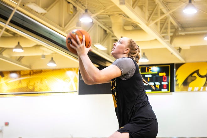 Iowa's Addison O'Grady shoots the ball during a summer NCAA women's basketball practice, Friday, July 29, 2022, at Carver-Hawkeye Arena in Iowa City, Iowa.