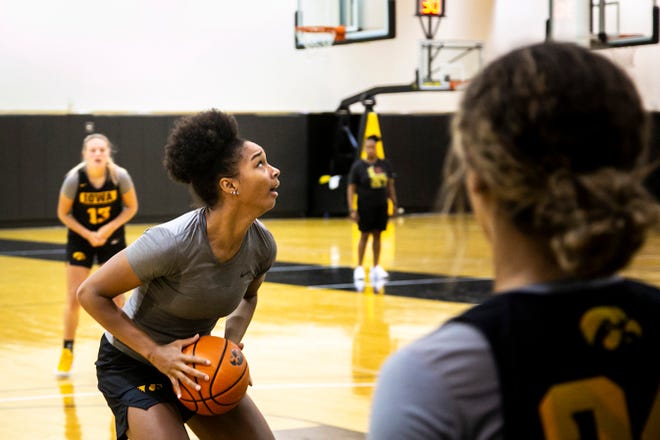 Iowa forward Hannah Stuelke drives to the basket during a summer NCAA women's basketball practice, Friday, July 29, 2022, at Carver-Hawkeye Arena in Iowa City, Iowa.