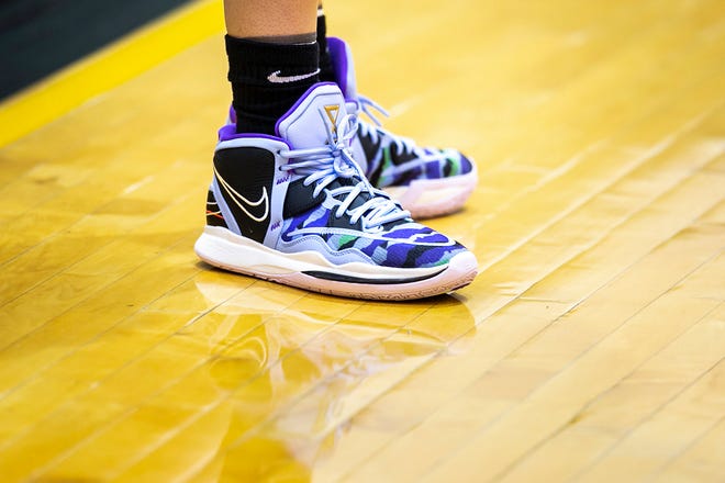 The shoes of Iowa guard Caitlin Clark are seen during a summer NCAA women's basketball practice, Friday, July 29, 2022, at Carver-Hawkeye Arena in Iowa City, Iowa.