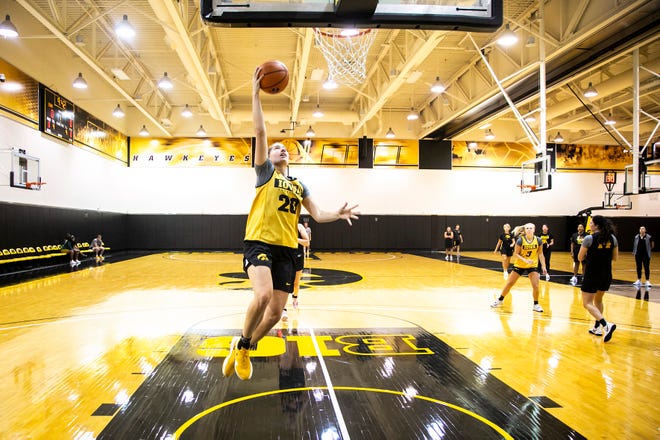 Iowa guard Kate Martin makes a basket during a summer NCAA women's basketball practice, Friday, July 29, 2022, at Carver-Hawkeye Arena in Iowa City, Iowa.