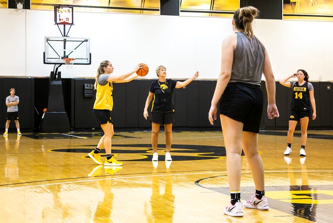 Iowa head coach Lisa Bluder gives instructions during a summer NCAA women's basketball practice, Friday, July 29, 2022, at Carver-Hawkeye Arena in Iowa City, Iowa.
