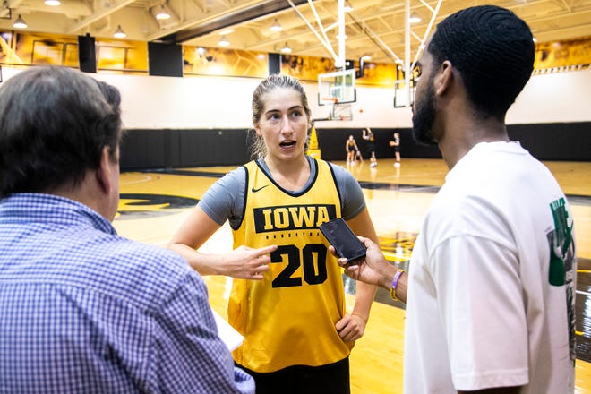 Iowa guard Kate Martin speaks to reporters after a summer NCAA women's basketball practice, Friday, July 29, 2022, at Carver-Hawkeye Arena in Iowa City, Iowa.