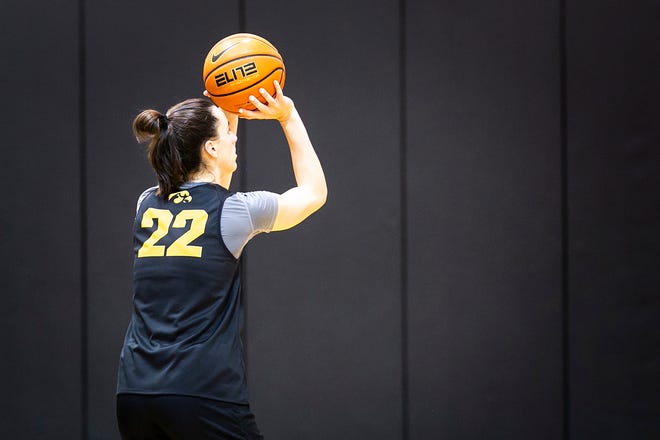 Iowa guard Caitlin Clark shoots the ball during a summer NCAA women's basketball practice, Friday, July 29, 2022, at Carver-Hawkeye Arena in Iowa City, Iowa.