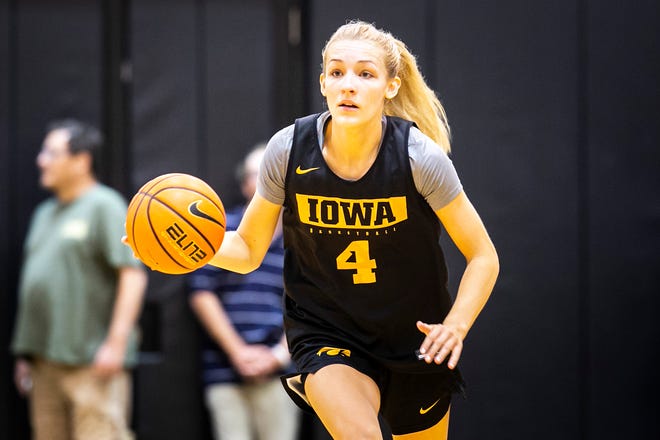 Iowa guard Kylie Feuerbach dribbles during a summer NCAA women's basketball practice, Friday, July 29, 2022, at Carver-Hawkeye Arena in Iowa City, Iowa.