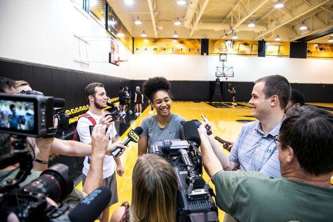 Iowa forward Hannah Stuelke speaks to reporters after a summer NCAA women's basketball practice, Friday, July 29, 2022, at Carver-Hawkeye Arena in Iowa City, Iowa.