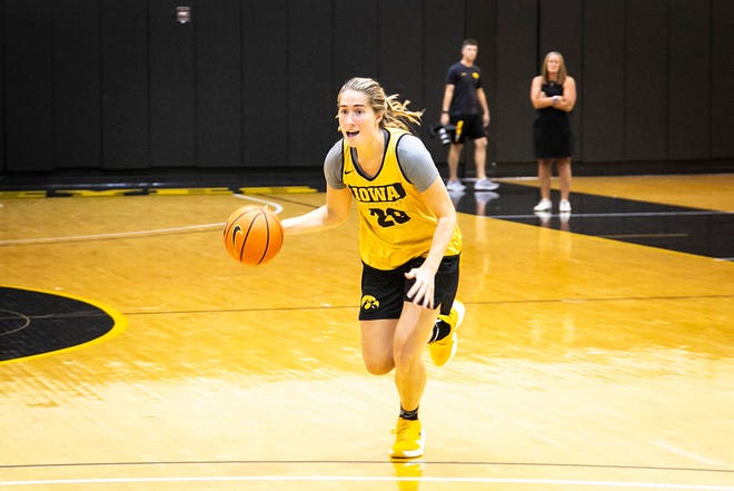 Iowa guard Kate Martin drives to the basket during a summer NCAA women's basketball practice, Friday, July 29, 2022, at Carver-Hawkeye Arena in Iowa City, Iowa.