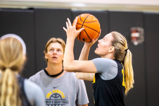 Iowa forward Shateah Wetering shoots the ball during a summer NCAA women's basketball practice, Friday, July 29, 2022, at Carver-Hawkeye Arena in Iowa City, Iowa.