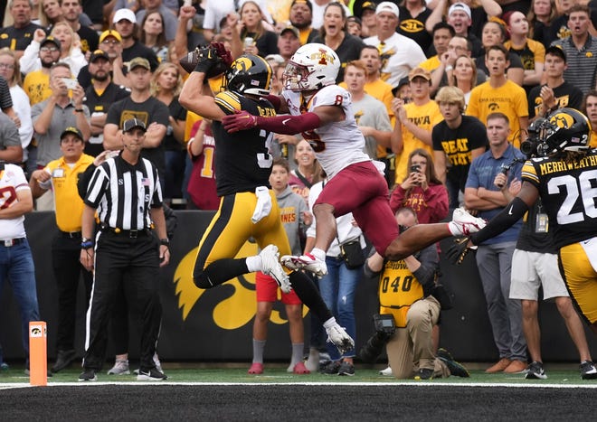 Iowa cornerback Cooper DeJean intercepts a pass in the Iowa State end zone during the Cy-Hawk Series football game on Saturday, Sept. 10, 2022, at Kinnick Stadium in Iowa City.