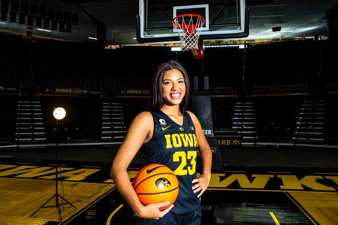 Iowa forward Jada Gyamfi (23) poses for a photo during Hawkeyes women's basketball media day, Thursday, Oct. 20, 2022, at Carver-Hawkeye Arena in Iowa City, Iowa.