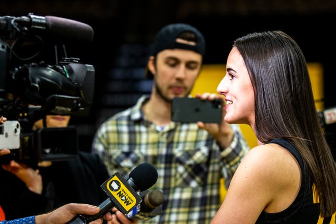 Iowa guard Caitlin Clark (22) speaks to reporters during Hawkeyes women's basketball media day, Thursday, Oct. 20, 2022, at Carver-Hawkeye Arena in Iowa City, Iowa.