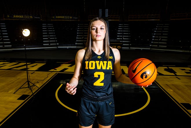 Iowa guard Taylor McCabe (2) poses for a photo during Hawkeyes women's basketball media day, Thursday, Oct. 20, 2022, at Carver-Hawkeye Arena in Iowa City, Iowa.