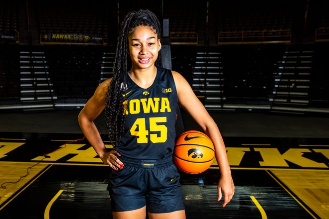 Iowa forward Hannah Stuelke (45) poses for a photo during Hawkeyes women's basketball media day, Thursday, Oct. 20, 2022, at Carver-Hawkeye Arena in Iowa City, Iowa.