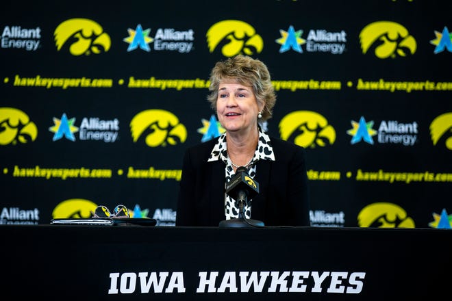 Iowa head coach Lisa Bluder speaks to reporters at a news conference during Hawkeyes women's basketball media day, Thursday, Oct. 20, 2022, at Carver-Hawkeye Arena in Iowa City, Iowa.