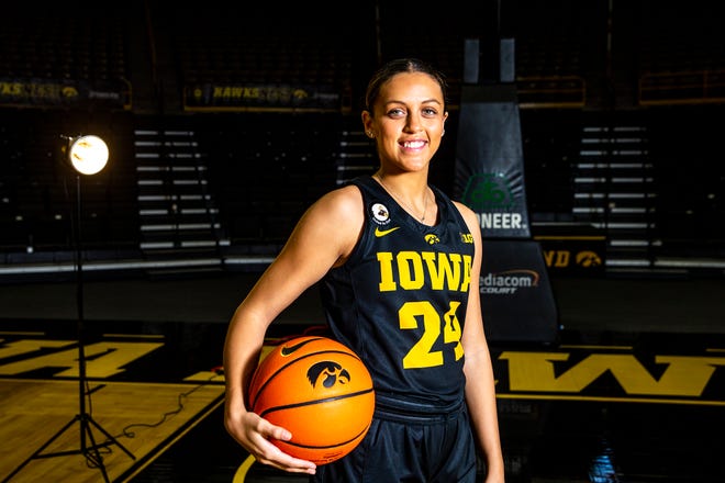 Iowa guard Gabbie Marshall (24) poses for a photo during Hawkeyes women's basketball media day, Thursday, Oct. 20, 2022, at Carver-Hawkeye Arena in Iowa City, Iowa.