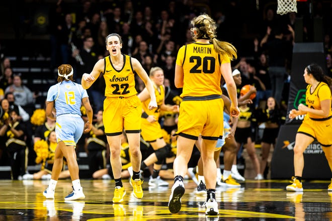 Iowa guard Caitlin Clark (22) reacts after making a 3-point basket during a NCAA women's basketball game against Southern University, Monday, Nov. 7, 2022, at Carver-Hawkeye Arena in Iowa City, Iowa.
