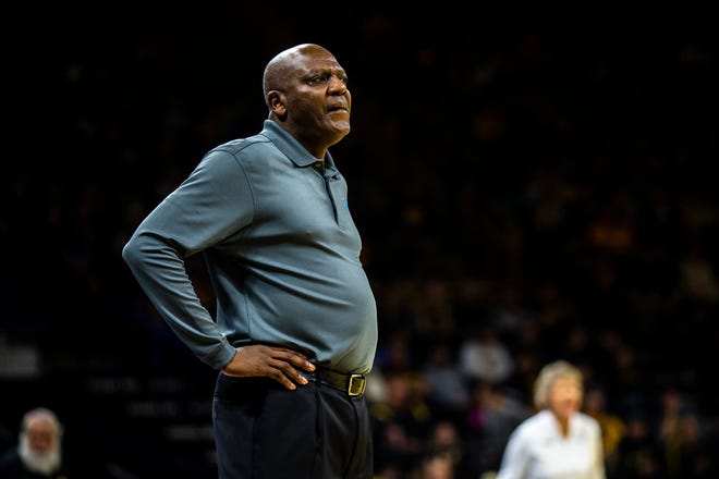Southern University head coach Carlos Funchess looks on during a NCAA women's basketball game against Iowa, Monday, Nov. 7, 2022, at Carver-Hawkeye Arena in Iowa City, Iowa.