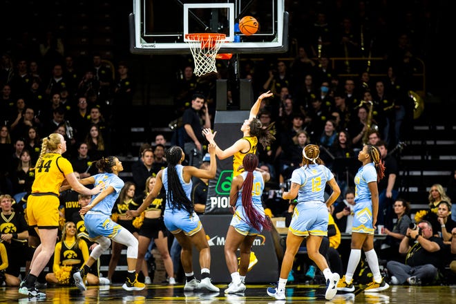 Iowa guard Caitlin Clark (22) drives to the basket during a NCAA women's basketball game against Southern University, Monday, Nov. 7, 2022, at Carver-Hawkeye Arena in Iowa City, Iowa.