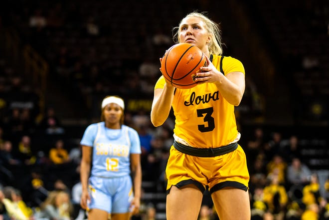 Iowa guard Sydney Affolter (3) shoots a free throw during a NCAA women's basketball game against Southern University, Monday, Nov. 7, 2022, at Carver-Hawkeye Arena in Iowa City, Iowa.