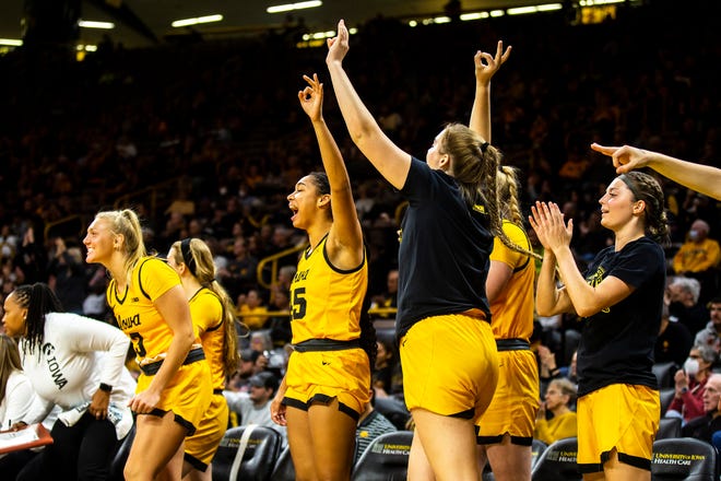 Iowa Hawkeyes players celebrate during a NCAA women's basketball game against Southern University, Monday, Nov. 7, 2022, at Carver-Hawkeye Arena in Iowa City, Iowa.