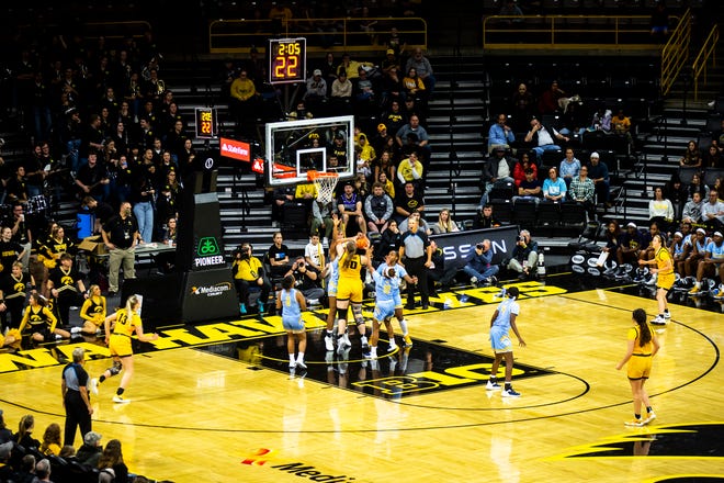 Iowa center Sharon Goodman (40) drives to the basket during a NCAA women's basketball game against Southern University, Monday, Nov. 7, 2022, at Carver-Hawkeye Arena in Iowa City, Iowa.