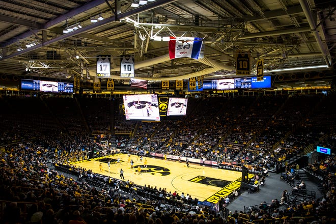 A general view as fans watch during a NCAA women's basketball game between Iowa and Southern University, Monday, Nov. 7, 2022, at Carver-Hawkeye Arena in Iowa City, Iowa.