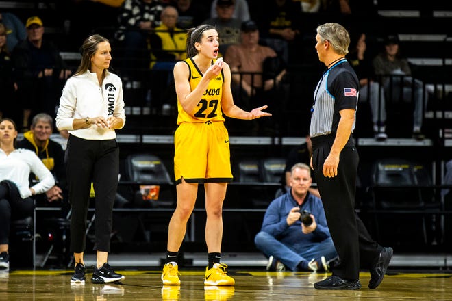 Iowa guard Caitlin Clark (22) reacts during a NCAA women's basketball game against Southern University, Monday, Nov. 7, 2022, at Carver-Hawkeye Arena in Iowa City, Iowa.