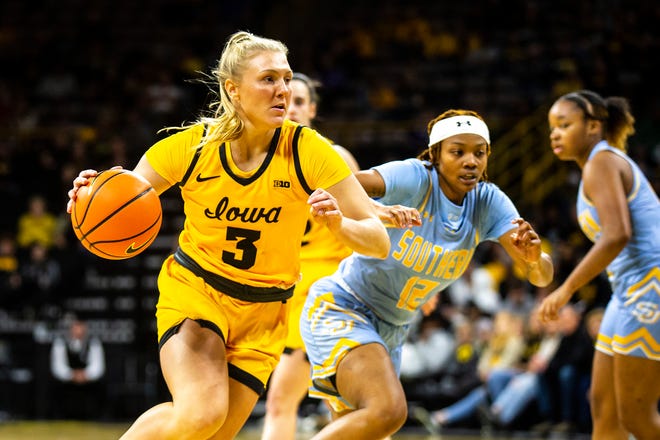 Iowa guard Sydney Affolter (3) drives to the basket during a NCAA women's basketball game against Southern University, Monday, Nov. 7, 2022, at Carver-Hawkeye Arena in Iowa City, Iowa.
