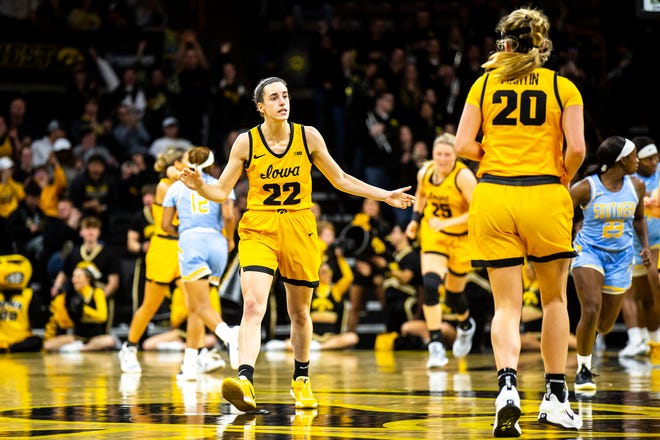 Iowa guard Caitlin Clark (22) reacts during a NCAA women's basketball game against Southern University, Monday, Nov. 7, 2022, at Carver-Hawkeye Arena in Iowa City, Iowa.