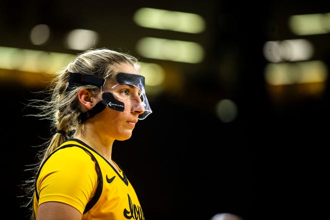Iowa guard Kate Martin (20) waits to inbound a ball during a NCAA women's basketball game against Southern University, Monday, Nov. 7, 2022, at Carver-Hawkeye Arena in Iowa City, Iowa.