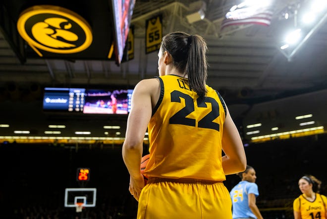 Iowa guard Caitlin Clark (22) looks to inbound a pass during a NCAA women's basketball game against Southern University, Monday, Nov. 7, 2022, at Carver-Hawkeye Arena in Iowa City, Iowa.