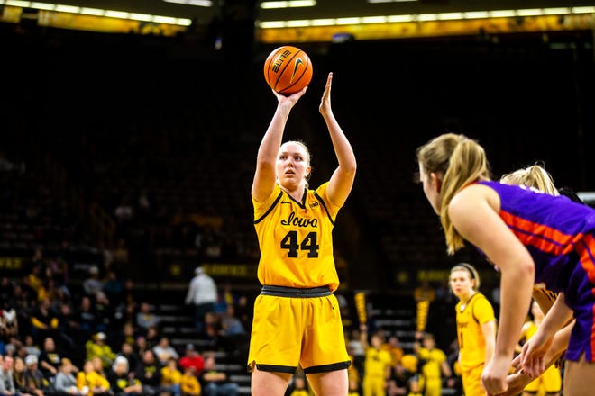 Iowa center Addison O'Grady (44) shoots a free throw during a NCAA women's basketball game against Evansville, Thursday, Nov. 10, 2022, at Carver-Hawkeye Arena in Iowa City, Iowa.