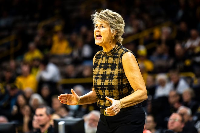 Iowa head coach Lisa Bluder reacts during a NCAA women's basketball game against Evansville, Thursday, Nov. 10, 2022, at Carver-Hawkeye Arena in Iowa City, Iowa.